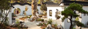 Rocks and trees flanking a pathway leading to a courtyard with traditional architecture in the Chinese Garden at Huntington Gardens in San Marino, CA.